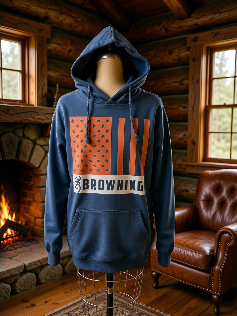 NWT Browning Midnight Blue Hoodie with Orange Flag Graphic Size XL